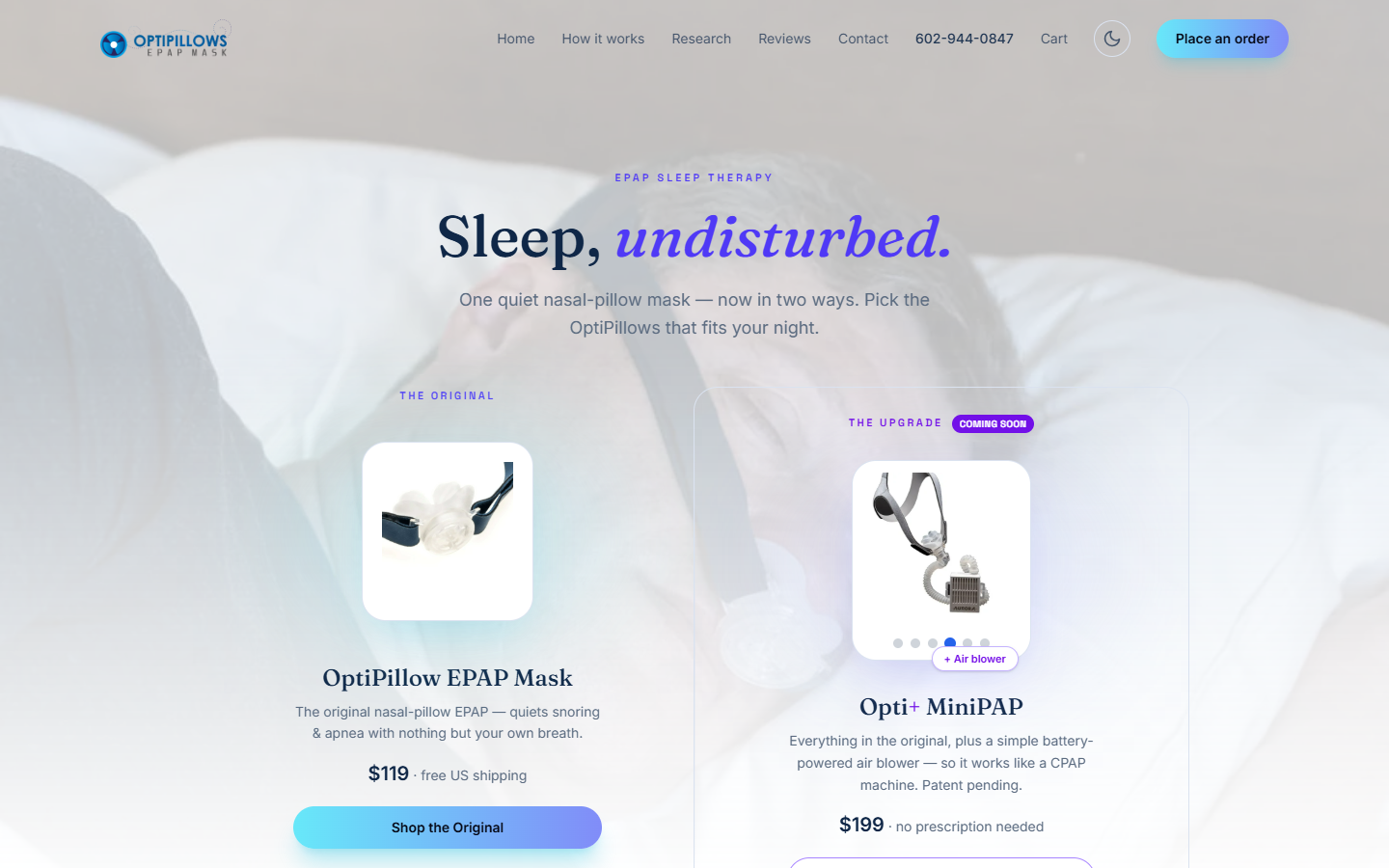 OptiPillows website screenshot