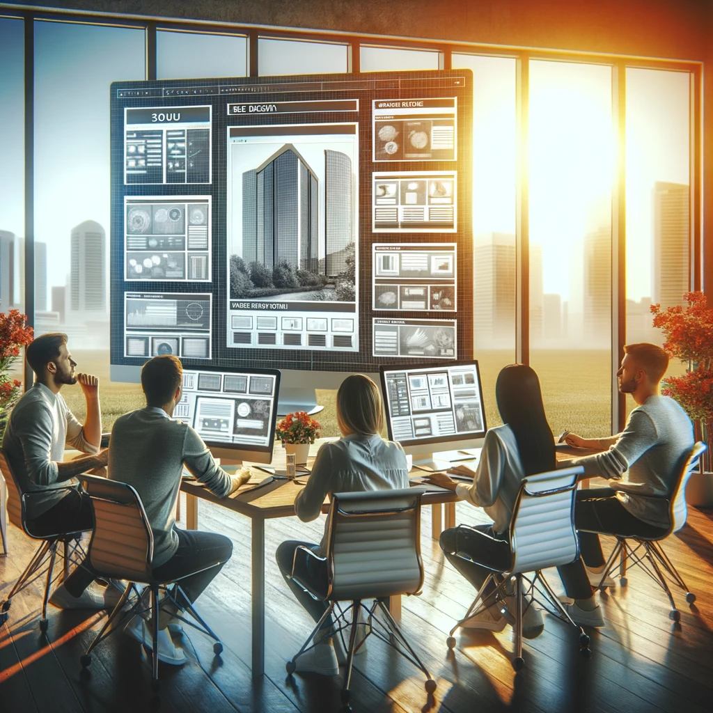 A dedicated team of web designers collaborates in a Phoenix office, with the city's iconic skyline in the backdrop, illustrating a commitment to integrating local culture into superior website design.